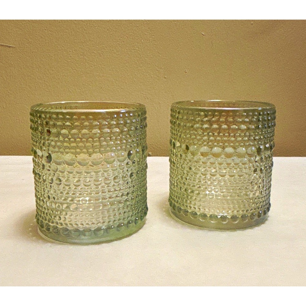 Set of 2 Textured Glass Round Votive Tea Light Holders Small Tumblers 4"